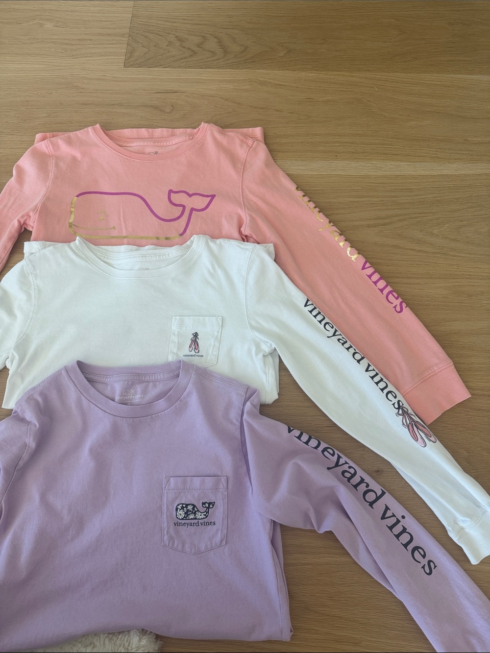 Vineyard Vines girls Long-Sleeve Whale Pocket Tees - Pink, White, Lavender